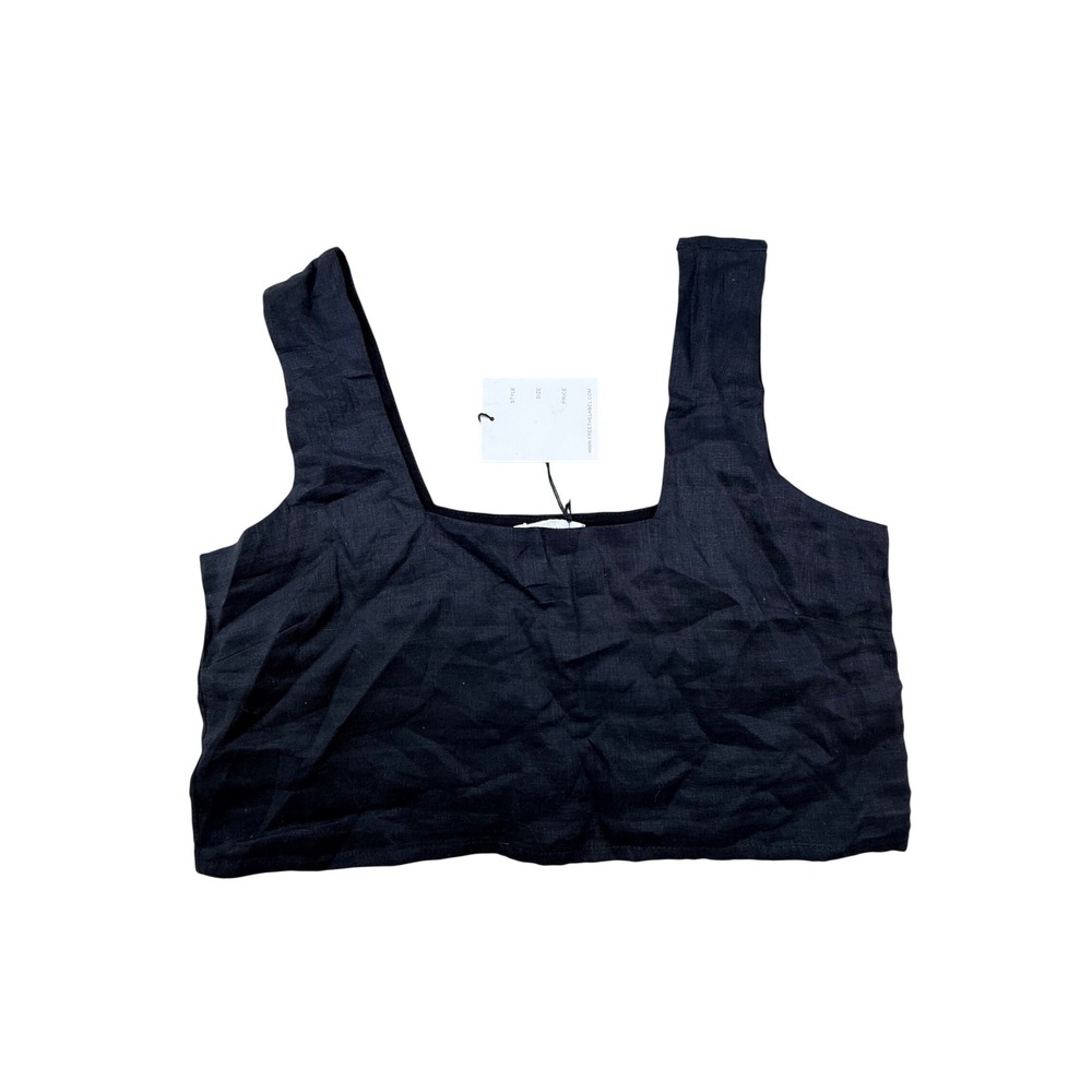 Free Label roma Black Linen Crop Top Square  Neck Wide Strap Size S NWT